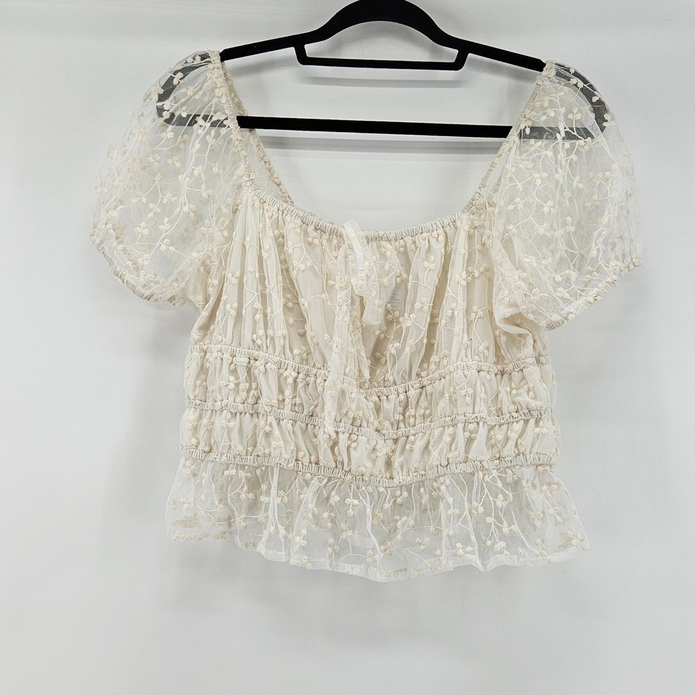 Coquette Sheer Mesh Puff Sleeve Ruched Top Blouse Going Out Large Fairy Milkmaid - Picture 1 of 8